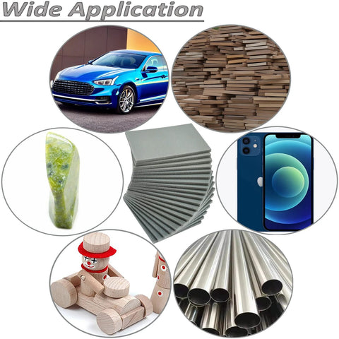 Varied uses of 20 Pcs 3x4 Inch Sanding Sponge Set 400 600 1000 2000 3000 Grit for Wet Dry Use, including car, wood, stone applications.