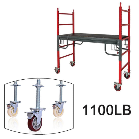 Heavy Duty 6 Inch Locking Swivel Caster Wheels for Scaffolding, Adjustable Stem Castors with Brakes, shown on a scaffold tower
