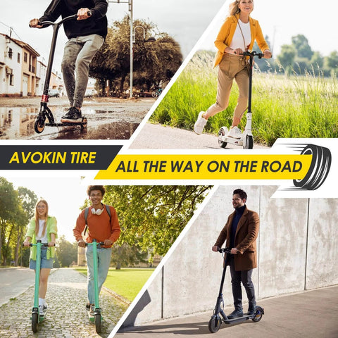 Collage of people riding scooters on 10x2.75-6.5 scooter tire off road, 10 inch scooter tyres, 70/65-6.5 thickened tyre for replacement parts.