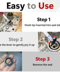 Seal Puller Tool, Oil Seal Removal Tool with Dual Hook in use, showing step-by-step removal process for oil and grease seals.