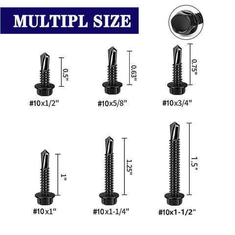 Various sizes of 410 Stainless Steel #10 self drilling screws with hex washer head, including focus on 100pcs #10x1-1/4" screws for metal plates.