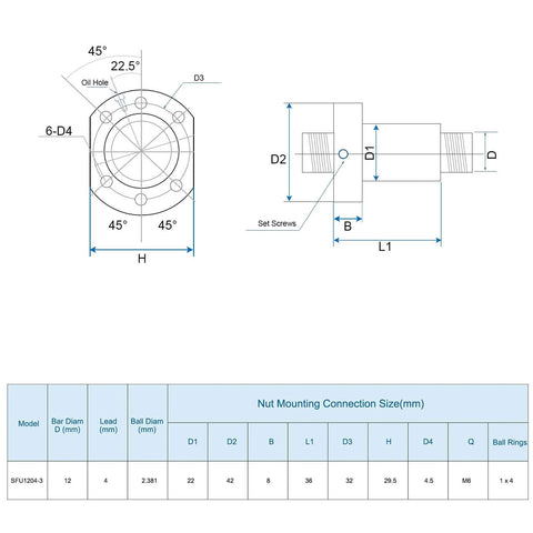 Detailed dimensions diagram for SFU1204 Ball Screw Kit 200mm with Anti Backlash Ball Nut, machined ends for BK BF12, bearing steel material.