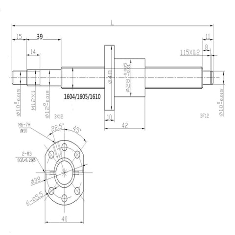 Technical diagram of SFU1605 Ball Screw Set 1000mm with Metal Ball Nut, BK BF12 End Supports, and Coupler, 16mm Diameter, 5mm Lead.