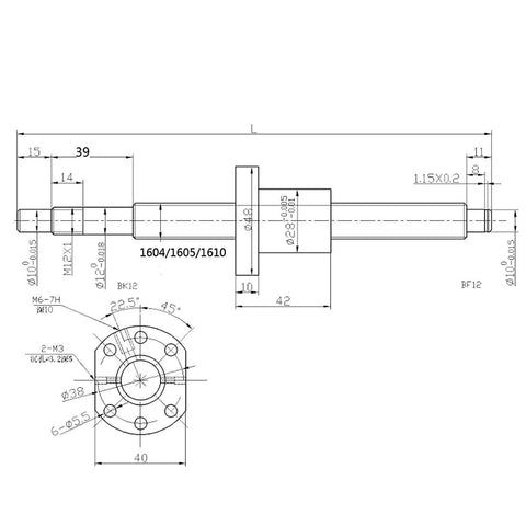 Technical diagram of a 1200mm SFU1605 Ball Screw Kit with Ball Nut Housing, BK12 BF12 End Supports, 16mm Diameter, 5mm Lead.