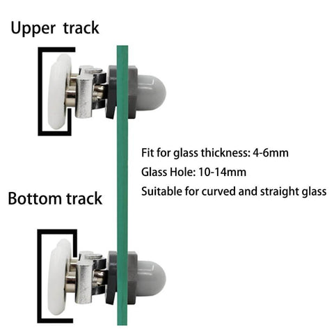 Diagram showing 6PCS 23mm shower door rollers replacement with sliding wheels and runners, adjustable fit for 4-6mm glass doors.