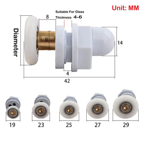 Diagram of 4PCS 27mm shower door rollers replacement with copper rod pulley, sizing details, nylon runners, stainless steel hardware