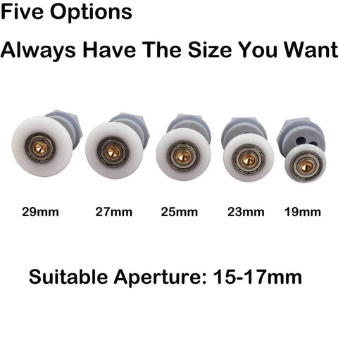 Five sizes of shower door rollers for glass sliding doors, suitable aperture 15-17mm, including 23mm roller.