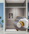 Close-up of 4PCS Shower Door Roller Runners 19mm Sliding Replacement Wheels on bathroom glass door with copper roller detail.