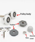 Components of 6PCS 23mm shower door rollers replacement with sliding wheels, runners, double pulleys for curved glass doors.
