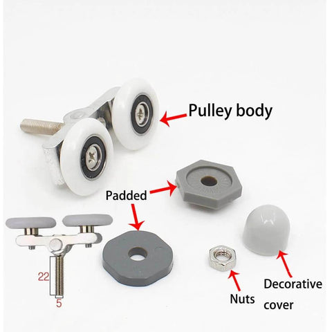 Components of 6PCS 23mm shower door rollers replacement with sliding wheels, runners, double pulleys for curved glass doors.