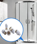 4PCS 25mm shower door rollers replacement with copper rod pulley, nylon runners and stainless steel hardware shown near glass shower door