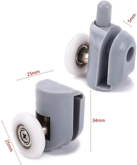 Close-up of 8 Pcs Shower Door Rollers Replacement Set with 25mm wheels, showing runner dimensions, designed for glass shower doors.