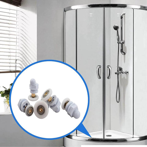 4PCS 29mm shower door rollers replacement with copper rod pulley and nylon runners, shown against a glass shower door.