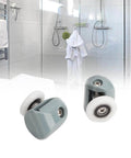 Upper Shower Door Rollers Set of 4 Single Wheel Runners for Sliding Glass Doors, shown against a bathroom with 5mm and 6mm glass compatibility.