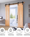 6.6 FT Double Door Sliding Barn Door Hardware Track Kit installed in modern bedroom, showcasing space-saving design.