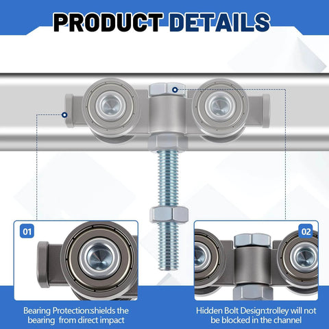 4 Pcs 4 Wheel Silent Trolley Assembly Rollers with Hidden Bolt Design for 1-5/8 Inch Strut Channels, detail view