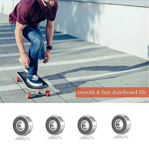 Skateboarder riding with SHKI 20 Pcs 608 2RS Ball Bearings, bearing steel and double rubber sealed, showing smooth roll performance.