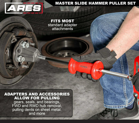 Mechanic using Master Slide Hammer Puller Set – 10-Way Slide Hammer Puller Set Includes 3-Piece Rear Axle Bearing Puller Kit on vehicle wheel