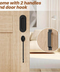 Close-up of 5FT Sliding Barn Door Hardware Kit heavy duty with I shape hanger, showing two handles and door hook in wood finish room.