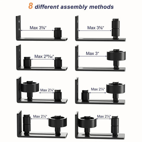 Sliding barn door floor guide with adjustable bottom rollers with 8 setup options in frosted black finish