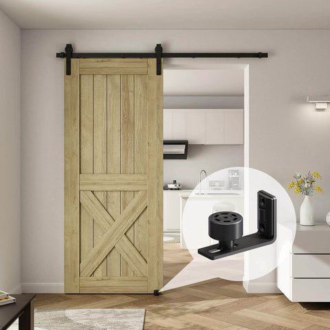 6.6FT sliding barn door hardware kit for single door, carbon steel black track system installed in modern room, detail inset