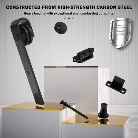 12FT Sliding Barn Door Hardware Kit parts showing carbon steel track and nylon rollers for single doors up to 72 Inch.