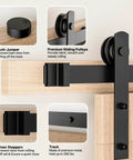Close-up of 5FT Sliding Barn Door Hardware Kit Heavy Duty with I Shape Hanger features like anti-jumper, premium pulleys, and door stoppers.