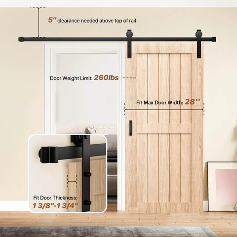 5FT Sliding Barn Door Hardware Kit Heavy Duty with I Shape Hanger, Door Hook, Adjustable Floor Guide installed on wooden door