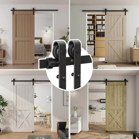 6.6FT sliding barn door hardware kit for single door, carbon steel black track system shown in various room settings