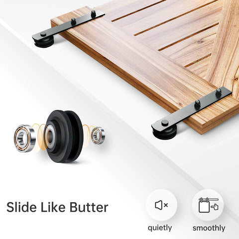 Close-up view of 12 FT Heavy Duty Sliding Barn Door Hardware Track Kit with straight pulley design, wood door panel shown.