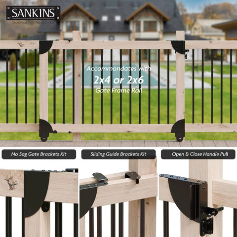 Heavy Duty Sliding Gate Kit Adjustable Hardware for Wood Fence with Anti Sag Corner Brace Gate Latch and Smooth Rolling Wheels