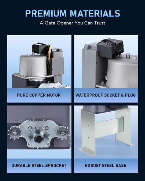 1400lb Sliding Gate Opener Hardware Security System Kit components, including steel sprocket, base, copper motor, and socket.