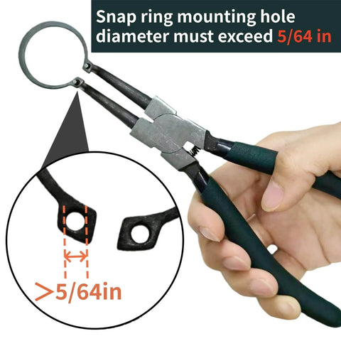 Close-up view of 7 inch snap ring pliers set 4 pcs internal & external straight and bent jaw, highlighting snap ring size requirement.