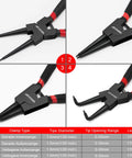 Snap Ring Pliers Set, Heavy Duty 4PCS-7 inch with straight and bent jaw tips for C-Clip ring removal, top view of all pliers