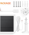 2 Pack 4W Solar Panel Charger For Outdoor Security Cameras Compatible With Stick Up Cam 2nd/3rd Gen And Spotlight Cam Plus Pro Battery, 10 Ft Cable With USB C To Barrel Plug Adapter, Waterproof And Easy Installation package contents including solar panel, mounting accessories, and cables.