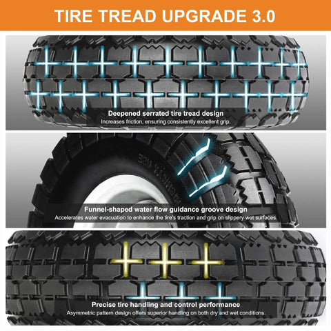 Tire tread upgrade 3.0 features on 10 Inch 4.10/3.50-4 Flat Free Solid Rubber Wheels 4 Pack for hand truck and dolly use.