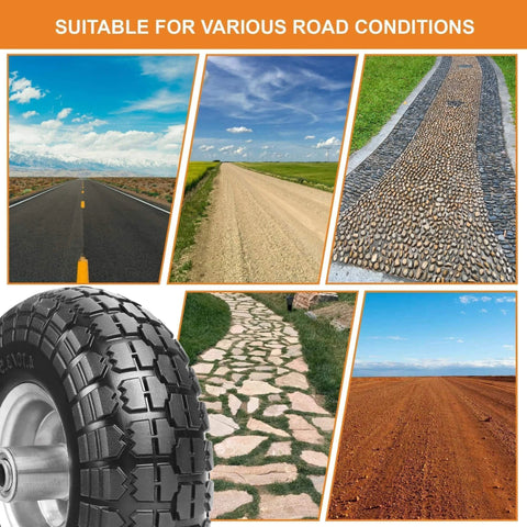 10 Inch 4.10/3.50-4 Flat Free Solid Rubber Wheels 4 Pack for hand trucks, suitable for various road conditions