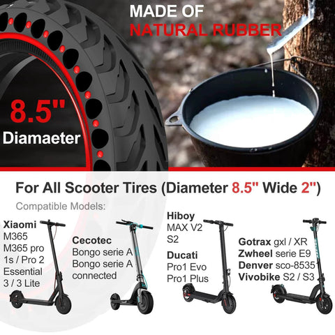 2PCS 8.5x2 inches Solid Tires for Electric Scooter, illustrated with natural rubber tapping and compatible scooter models
