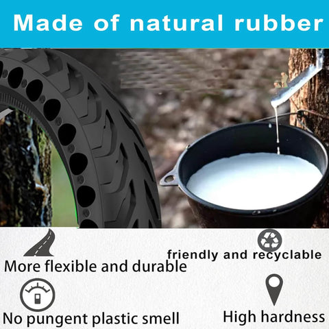Image of Solid Tires 8.5x2 Inches for Electric Scooter showing natural rubber, durability features, and rubber sap collection.