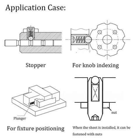 Illustration showing 6mm x 7mm Ball Plunger Set applications: stopper use, knob indexing, fixture positioning, with 304 stainless steel.