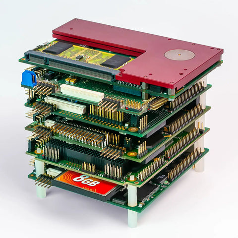Stacked PCBs with Heavy Duty Aluminum Spacer Set M8 One Third Inch Bolts 8 Pcs used for spacing in electronics assembly.