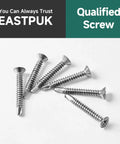 100pcs #10 x 2 410 Stainless Steel Flat Head Self Drilling Screws, bright finish scattered on a white surface.