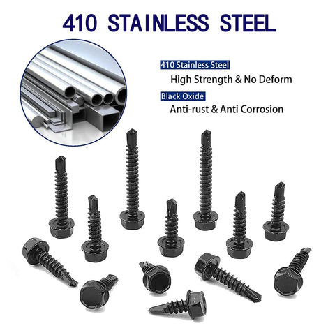 100pcs 410 Stainless Steel #8x5/8 Hex Washer Head Self Drilling Screws, Black Oxide Self Tapping Tek Screws for Metal Plates