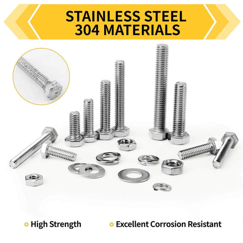 Homwin 255Pcs Stainless Steel Bolts and Nuts Kit, 1/4-20, 5/16-18, 3/8-16 hex bolts, nuts, and washers on white background