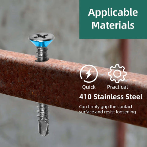 200pcs #10 x 1-1/4 410 Stainless Steel Flat Head Self Drilling Screws installed in metal, showcasing grip and stability