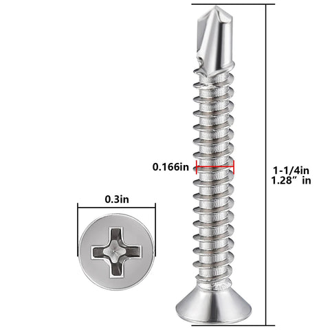 250pcs #8 x 1-1/4 Inch Flat Head Self Tapping Sheet Metal Screws Stainless Steel High Strength Quick Self Drilling Screws with Deep Threads