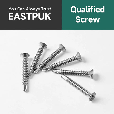 200pcs #10 x 1-1/4 410 Stainless Steel Flat Head Self Drilling Screws displayed on a white background, manufactured by EASTPUK.