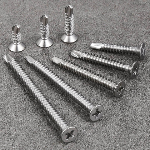 Close-up of 150pcs #8 x 2 Inch Flat Head Self Tapping Sheet Metal Screws Stainless Steel High Strength Quick Self Drilling Screws with Deep Threads