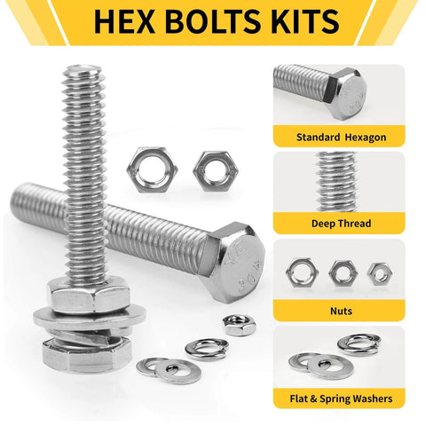 Homwin 255Pcs Stainless Steel Bolts and Nuts Kit, assortment of hex bolts, nuts, and washers in silver for various applications.