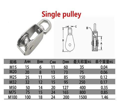 Stainless Steel Pulley M15 Single Wheel Swivel Lifting Rope Pulley Set Lifting Wheel Tools(M15) with dimensions chart.